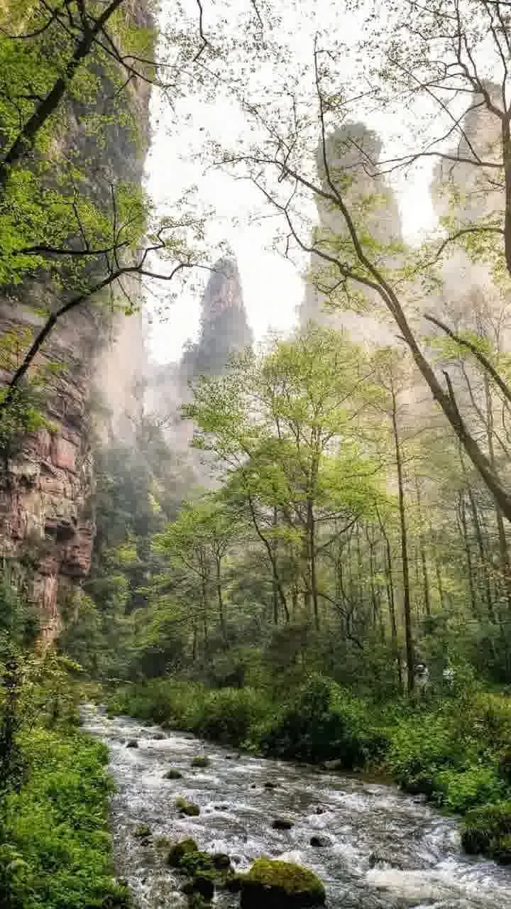 Ein Fluss windet sich durch das Tal unter hohen Felsen