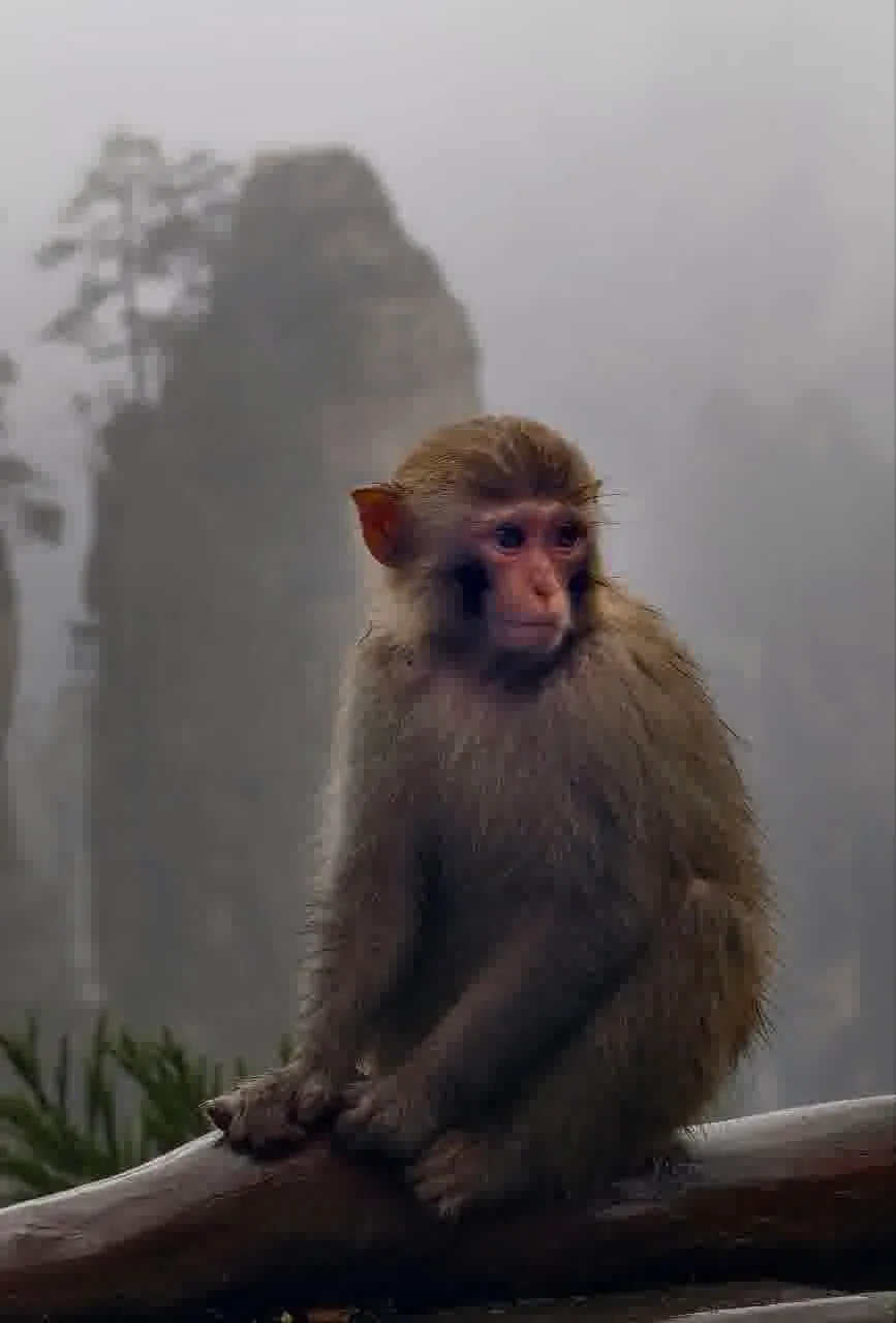 Ein Affe sitzt nachdenklich im Nebel auf einem Geländer