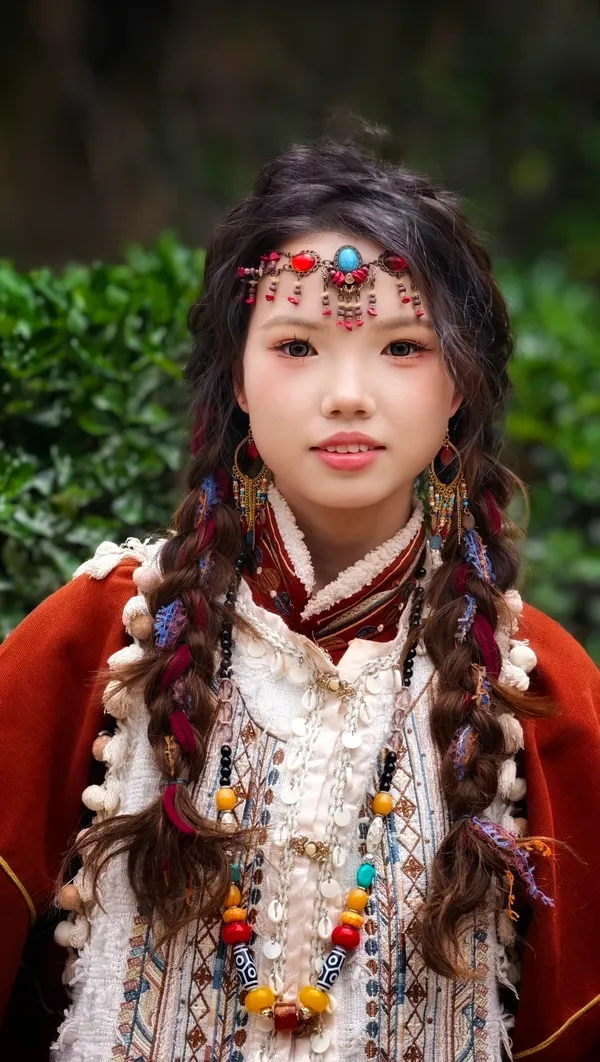 Junge Frau mit geflochtenen Haaren und traditionellem Ethno-Schmuck