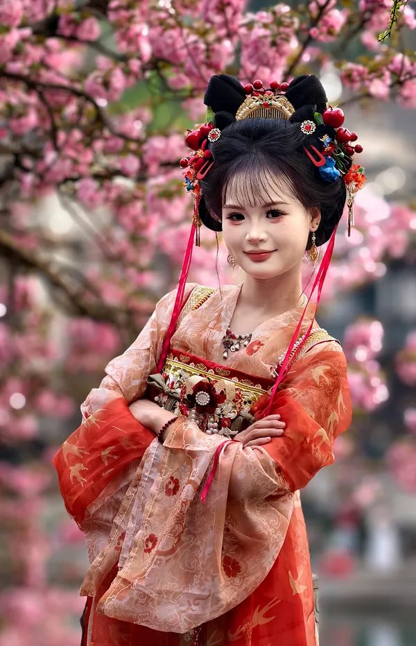 Frau in traditionellem chinesischen Kleid vor Kirschblüten