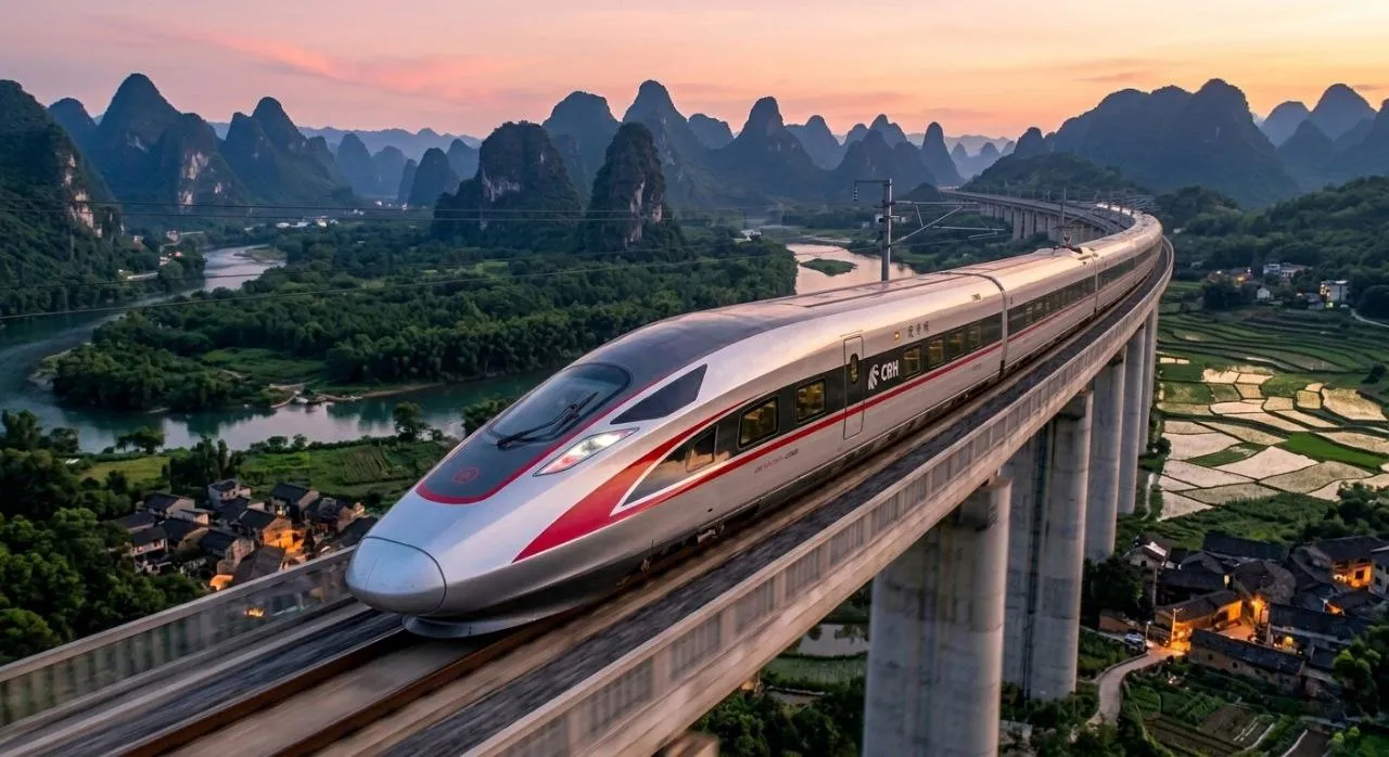Hochgeschwindigkeitszug auf einem Viadukt in den Karstbergen Chinas