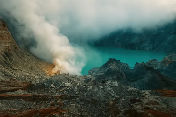 Türkiser Kratersee des Ijen mit Schwefeldampf, Java