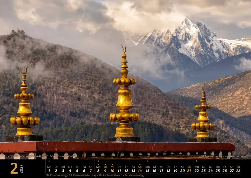 Kalenderblatt Februar 2027: Bergblick vom Songzanlin-Kloster, Shangri-La, Yunnan