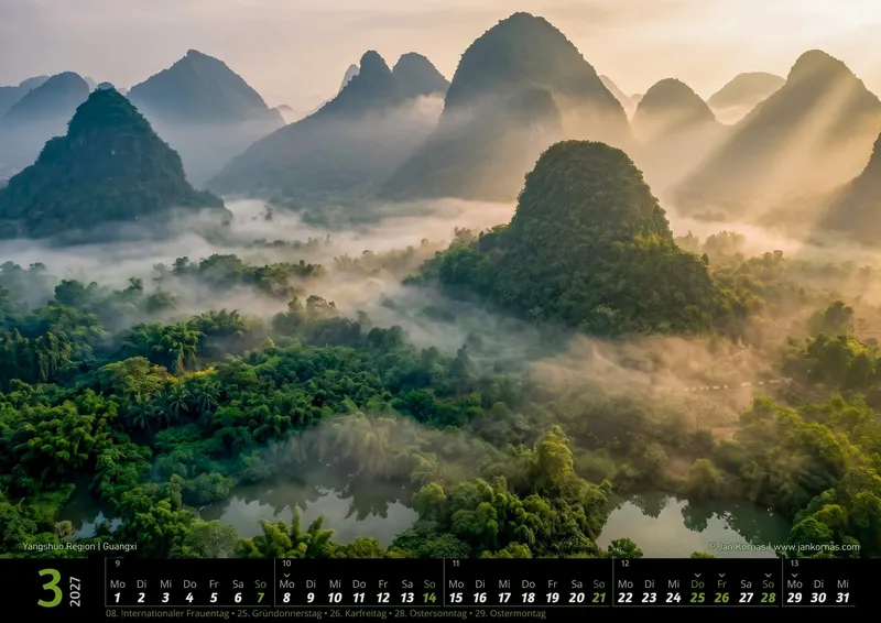 Kalenderblatt März 2027: Yangshuo Region, Guangxi
