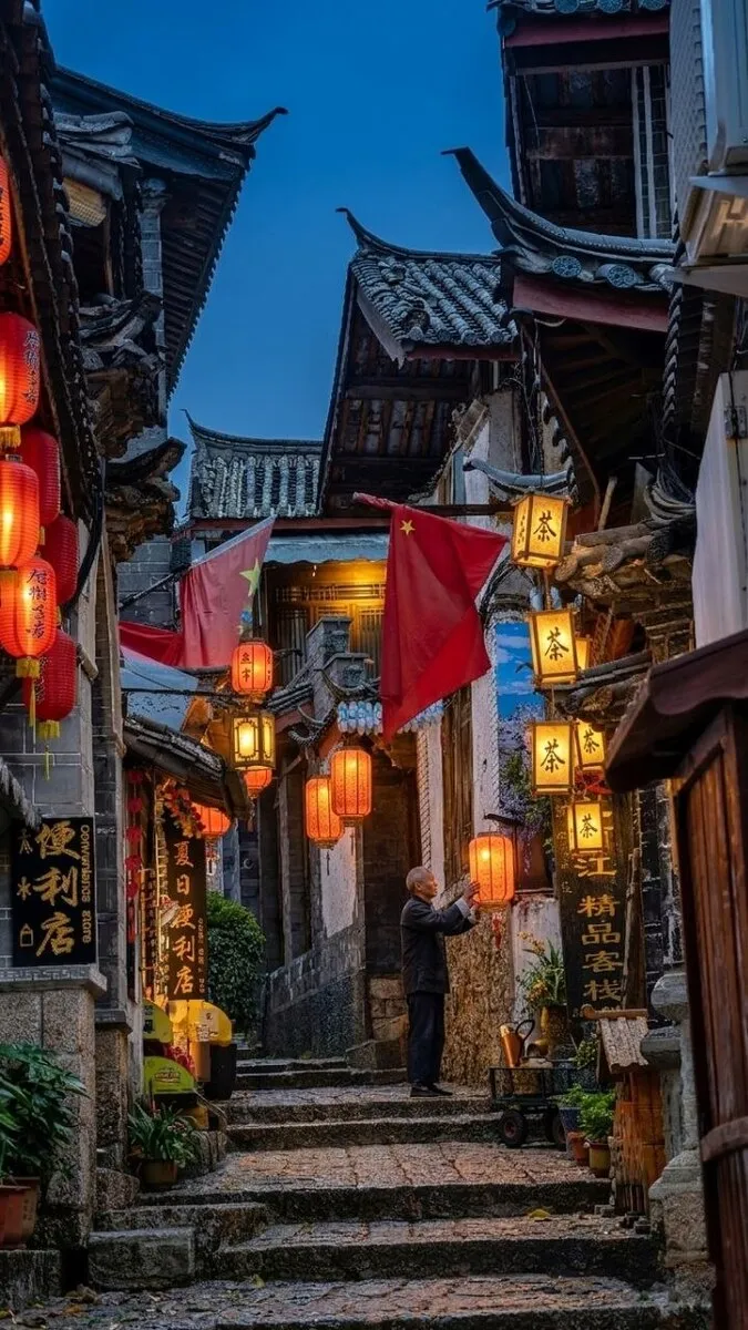 Ein alter Mann hängt in einer beleuchteten Gasse Laternen auf