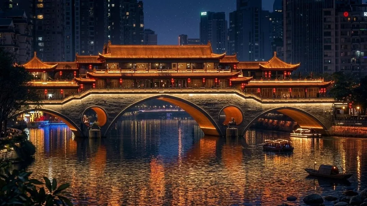 Beleuchtete Brücke über den Fluss bei Nacht