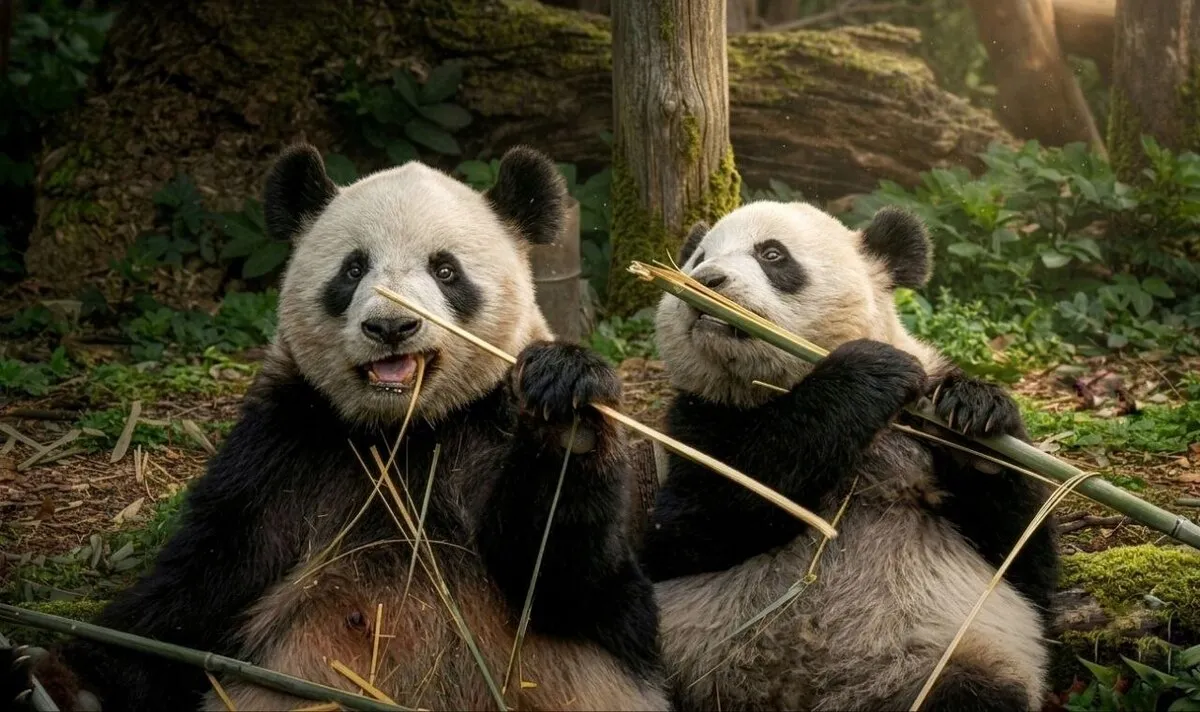 Zwei Pandas beim Bambus-Frühstück in Chengdu